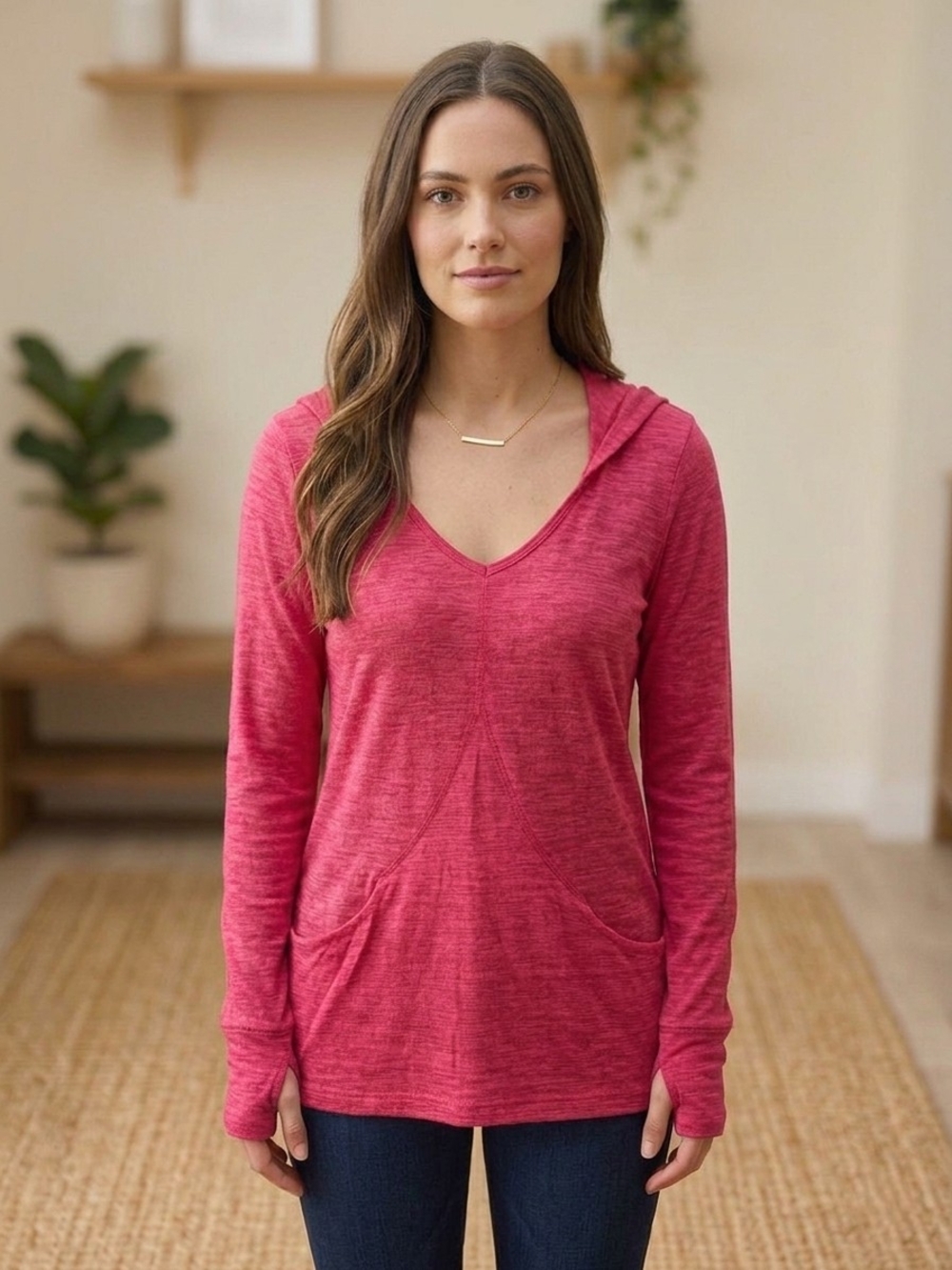 V-neck Hooded Long Sleeve Top in Raspberry Pink Merino Wool